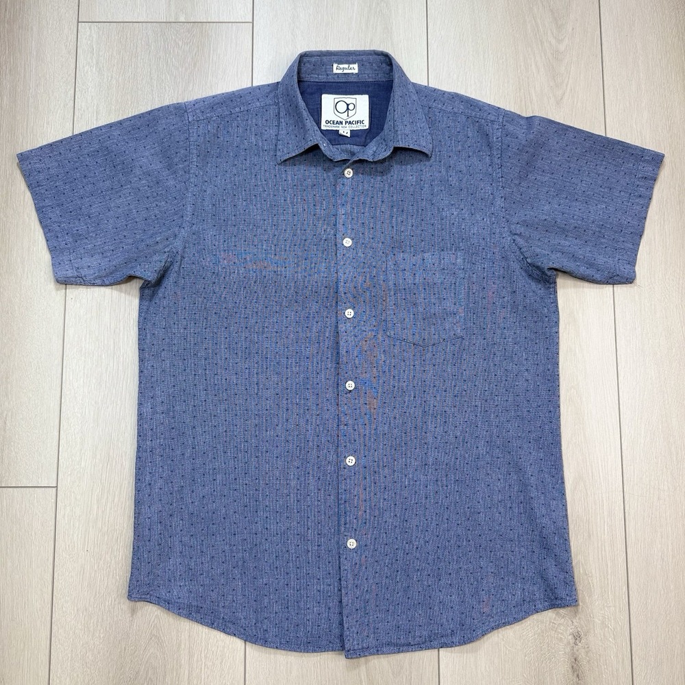 Vintage Ocean Pacific‎ OP Blue Dot Button Up Shirt Mens Medium Surf Skate Cotton